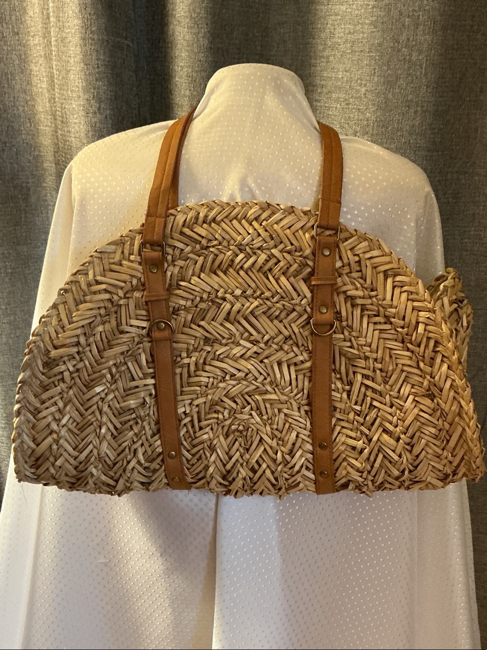 Bay Studio Natural Straw Tote with Tan Leather Straps and Rivet Accents